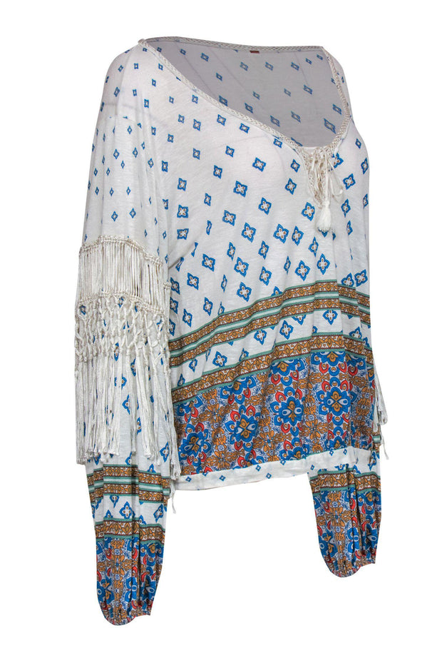 Current Boutique-Free People - White, Blue & Mustard Bohemian Print Long Sleeve Blouse w/ Fringe Sz M