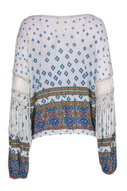 Current Boutique-Free People - White, Blue & Mustard Bohemian Print Long Sleeve Blouse w/ Fringe Sz M