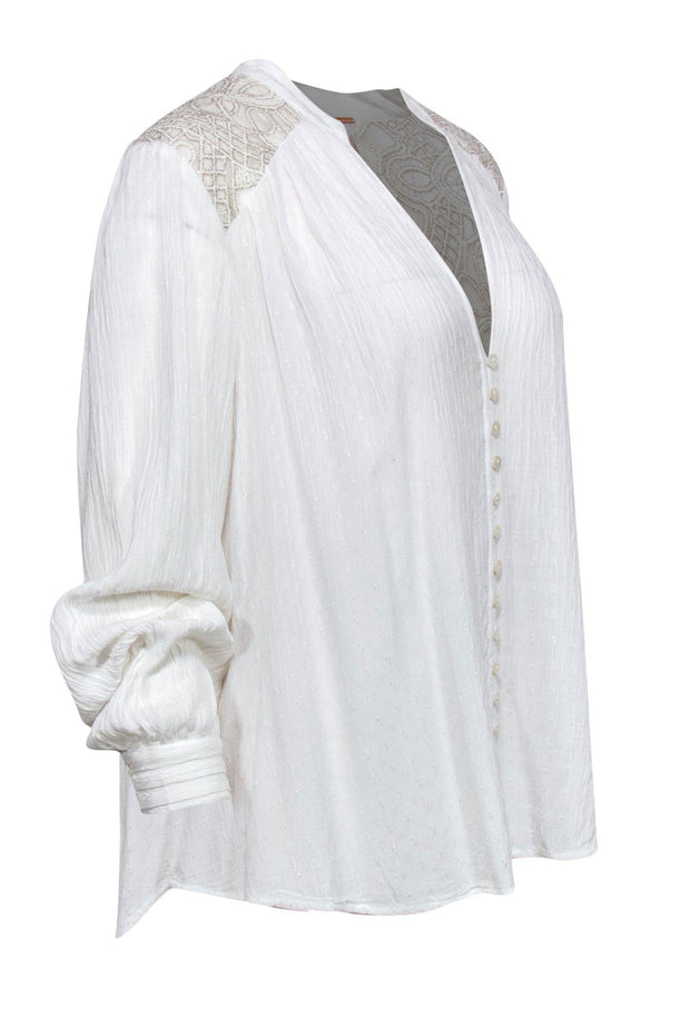 Current Boutique-Free People - White Textured Long Sleeve Button-Up Blouse w/ Metallic Embroidery Sz M