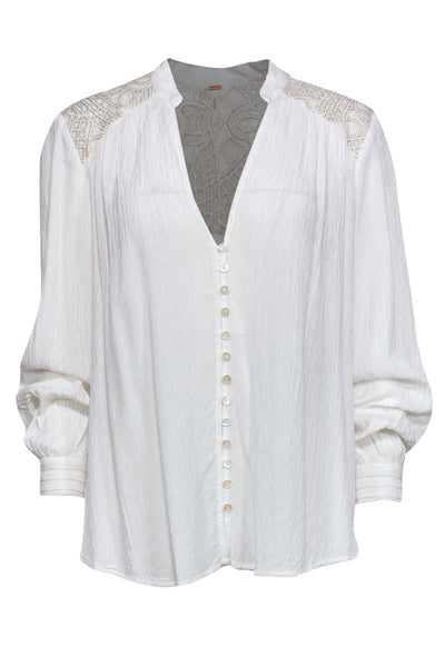 Current Boutique-Free People - White Textured Long Sleeve Button-Up Blouse w/ Metallic Embroidery Sz M