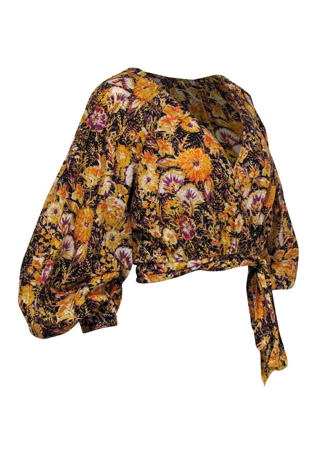 Current Boutique-Free People - Yellow Floral Print Long Sleeve Cropped Wrap Blouse Sz S