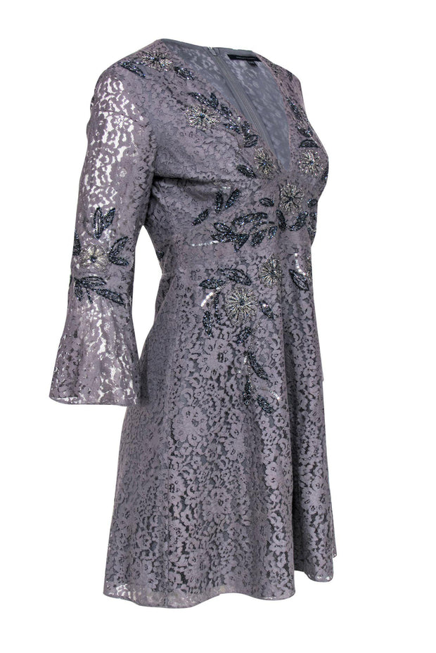 Current Boutique-French Connection - Gray Lace Bell Sleeve Dress w/ Beading Sz 8