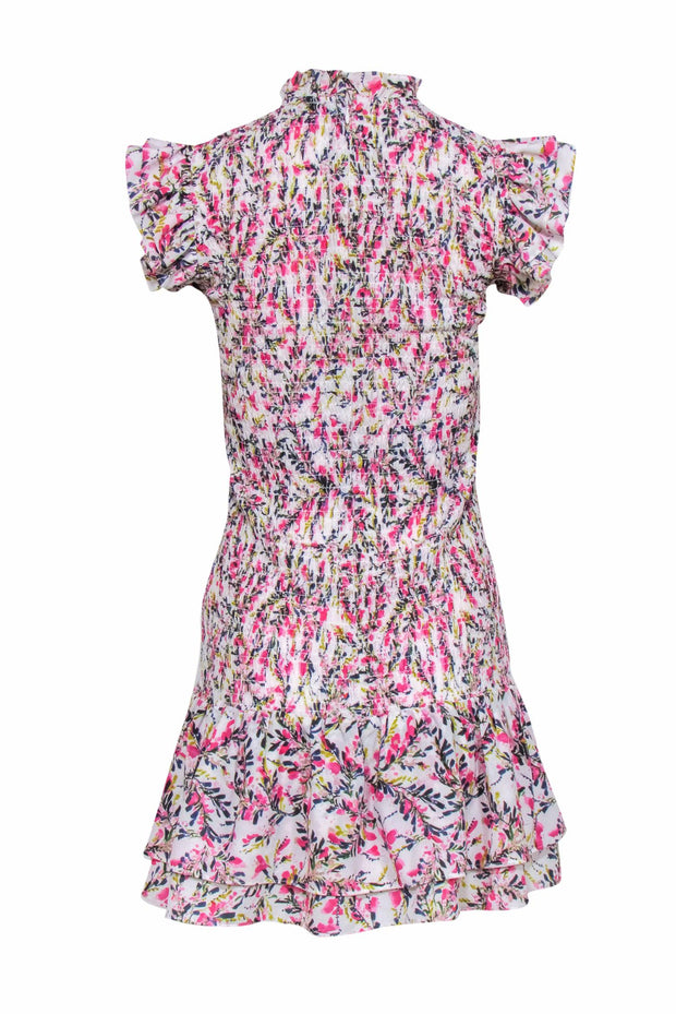 Current Boutique-French Connection - Pink, Green, & White Floral Smocked Mini Dress w/ Ruffle Hem Sz S