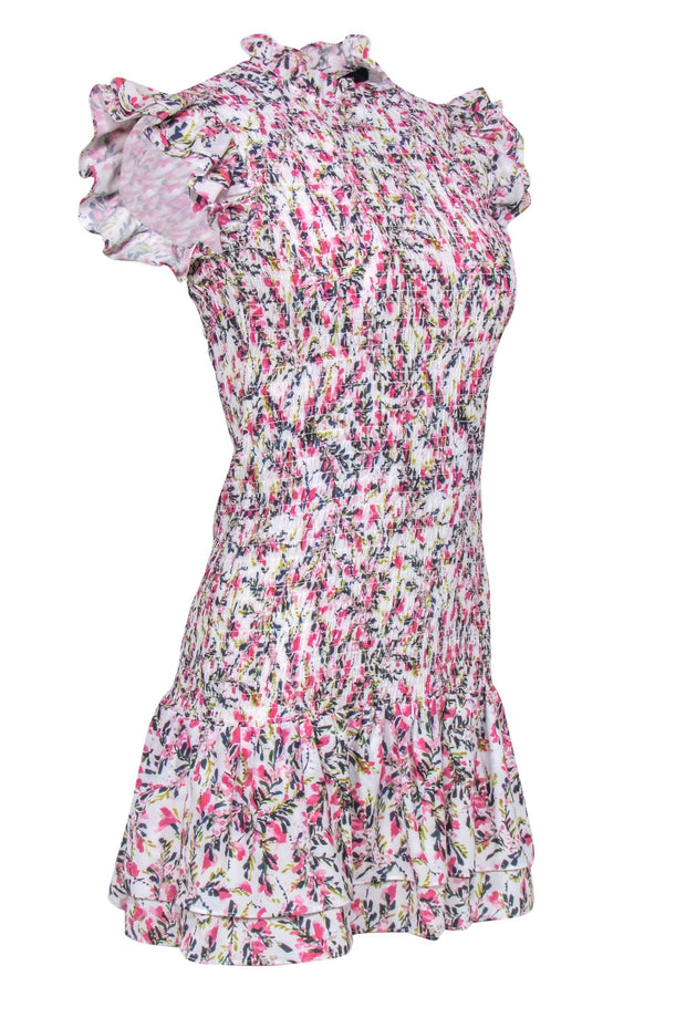 Current Boutique-French Connection - White & Pink Floral Printed Smocked Dress w/ Ruffles Sz S