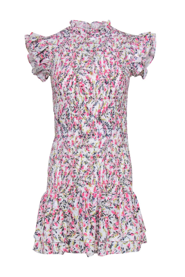 Current Boutique-French Connection - White & Pink Floral Printed Smocked Dress w/ Ruffles Sz S