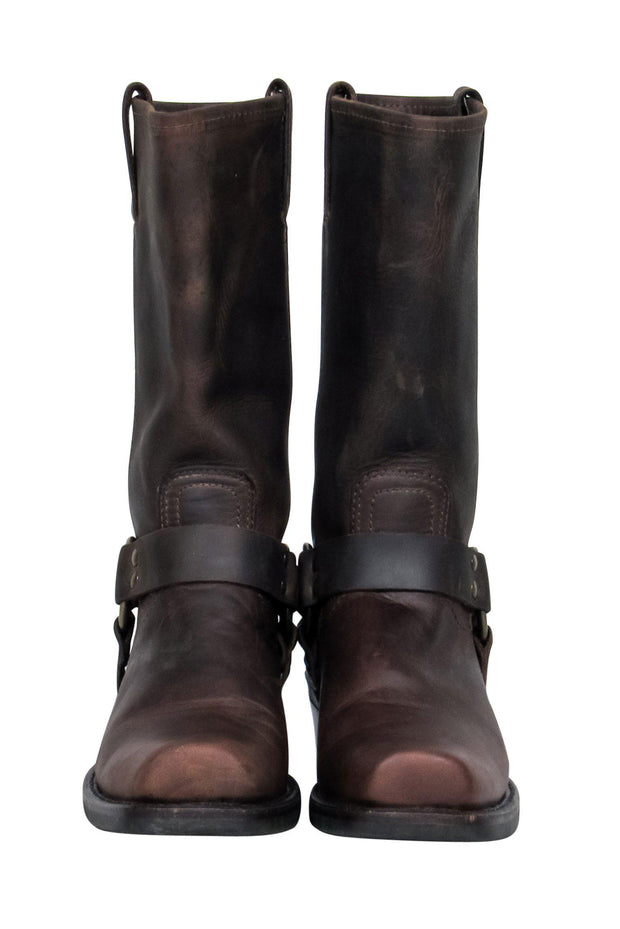 Current Boutique-Frye - Brown Leather Western-Style "Harness" Calf High Boots Sz 9