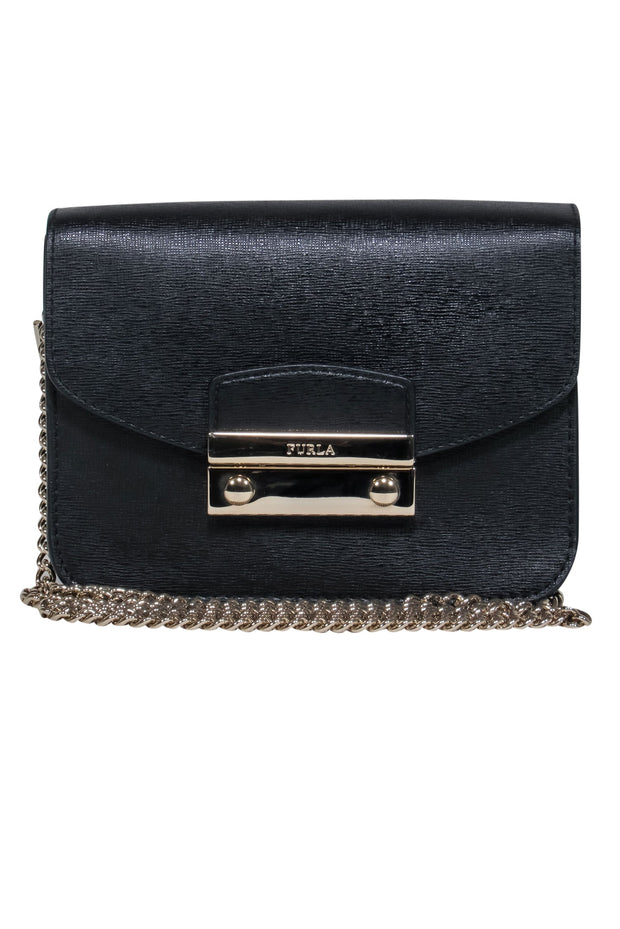 Current Boutique-Furla - Black Textured Leather Mini Crossbody Bag w/ Chain Strap