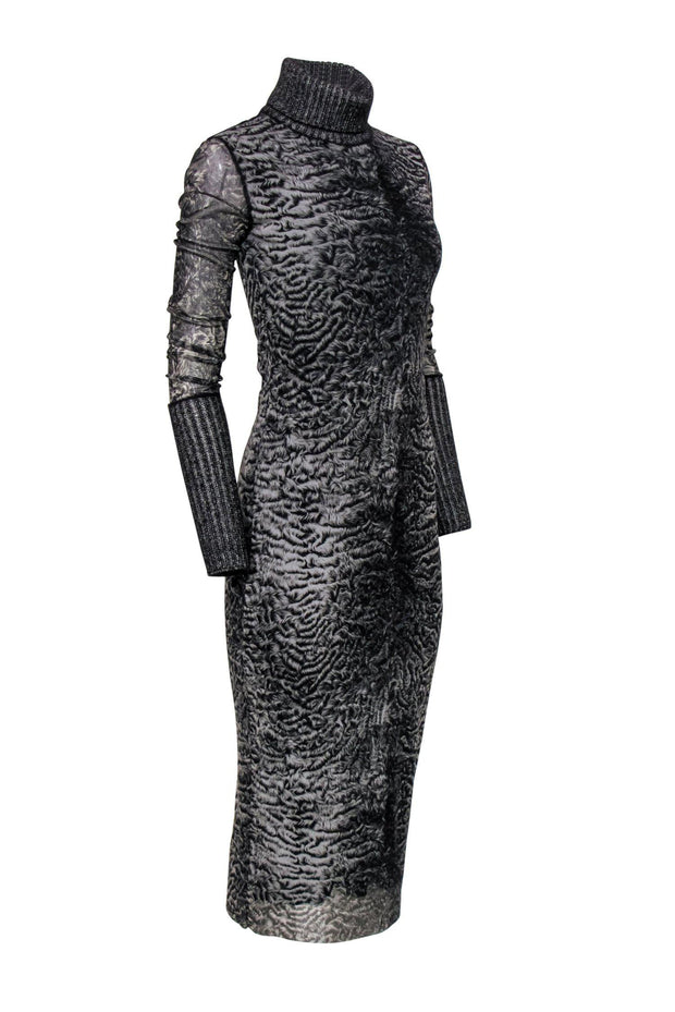 Current Boutique-Fuzzi - Black & Grey Fur Print Long Sleeve Turtleneck Maxi Dress