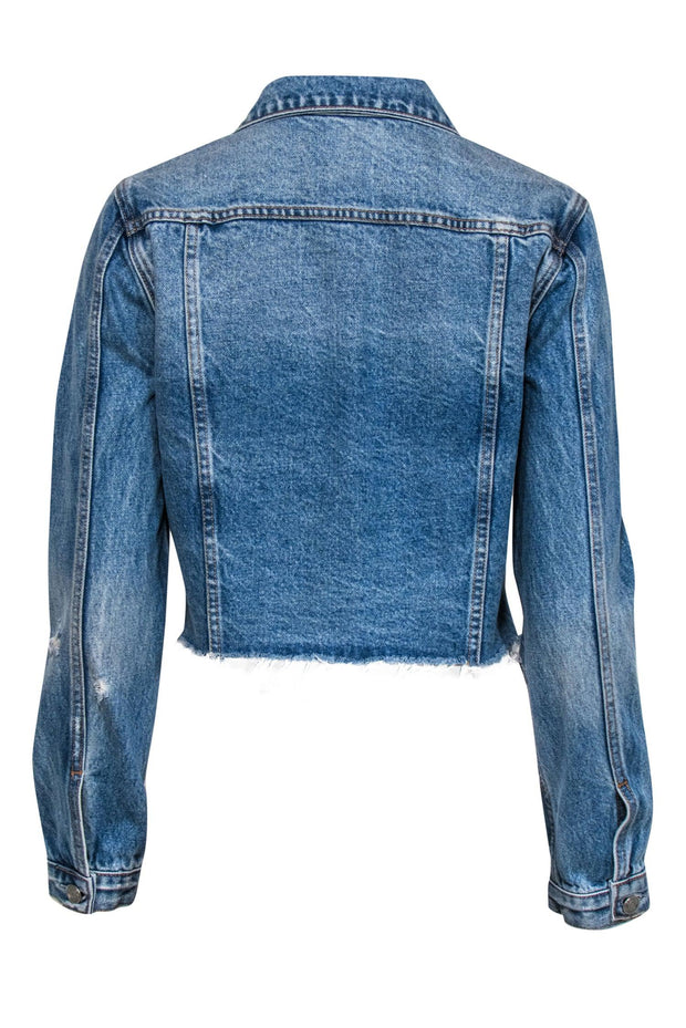 Current Boutique-GRLFRND - Medium Wash Distressed Raw Hem Button-Up "Cara" Denim Jacket Sz S