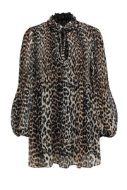 Current Boutique-Ganni - Black, Brown & Tan Leopard Print Babydoll Dress w/ Puff Sleeves Sz L