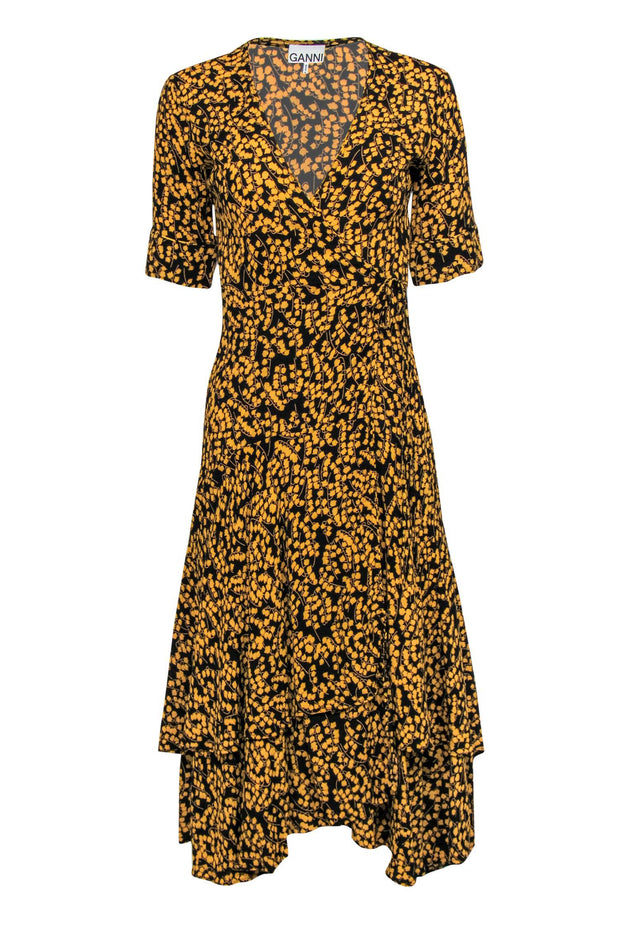 Current Boutique-Ganni - Black & Mustard Floral Print Wrap Maxi Dress Sz 4