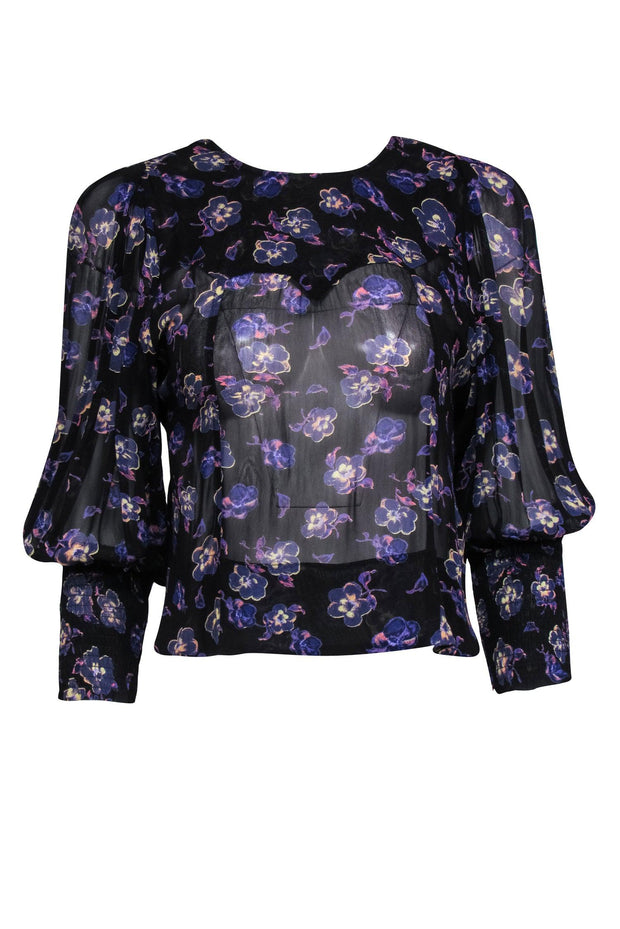 Current Boutique-Ganni - Black Open-Back Tie Blouse w/ Puff Sleeves & Purple Floral Print Sz 2