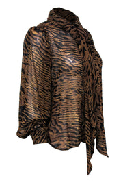 Current Boutique-Ganni - Brown & Black Tiger Print Button-Up Blouse w/ Neck Tie Sz 2