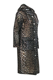 Current Boutique-Ganni - Grey & Black Leopard Print Snap-Up Hooded Longline Raincoat Sz 2