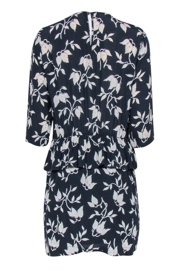 Current Boutique-Ganni - Navy & White Floral Print Long Sleeve Peplum Dress Sz M