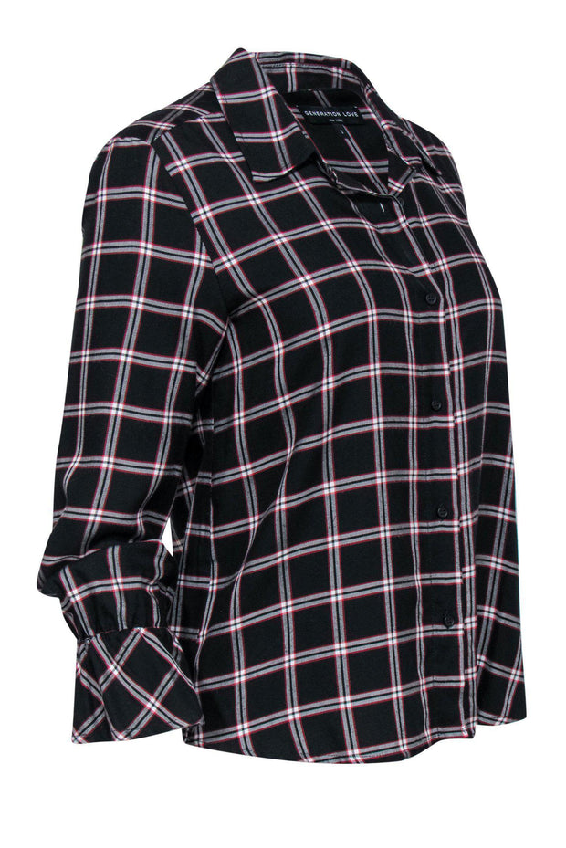 Current Boutique-Generation Love - Black, Red & White Plaid Button-Up Blouse w/ Ruffle Cuffs Sz S