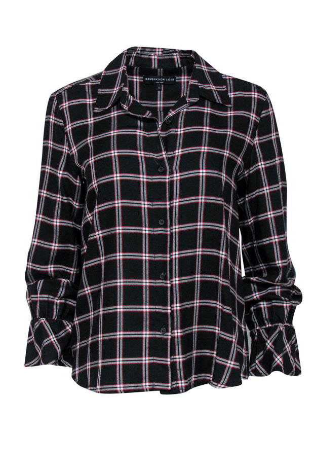 Current Boutique-Generation Love - Black, Red & White Plaid Button-Up Blouse w/ Ruffle Cuffs Sz S