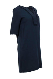 Current Boutique-Gerard Darel - Navy Notch Neck Shift Dress w/ Fringe Trim Sz 6