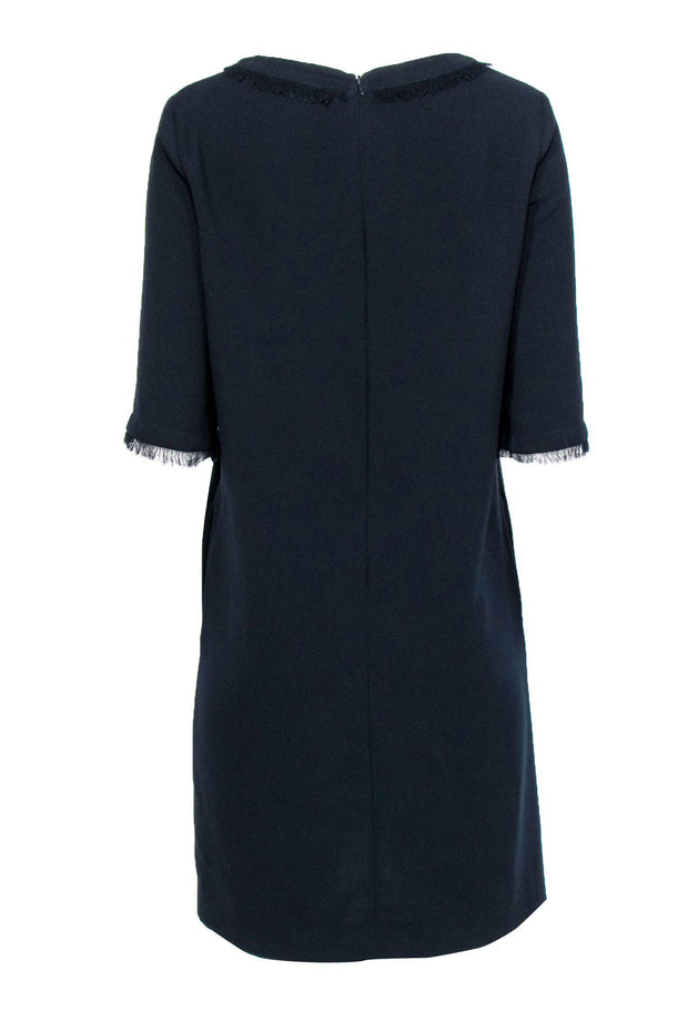 Current Boutique-Gerard Darel - Navy Notch Neck Shift Dress w/ Fringe Trim Sz 6