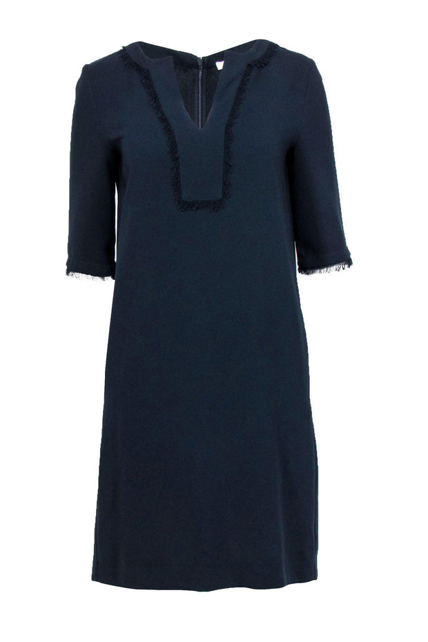 Current Boutique-Gerard Darel - Navy Notch Neck Shift Dress w/ Fringe Trim Sz 6