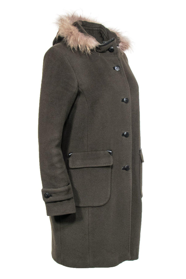 Current Boutique-Gerard Darel - Olive Green Longline Coat w/ Fur Trim Sz 6