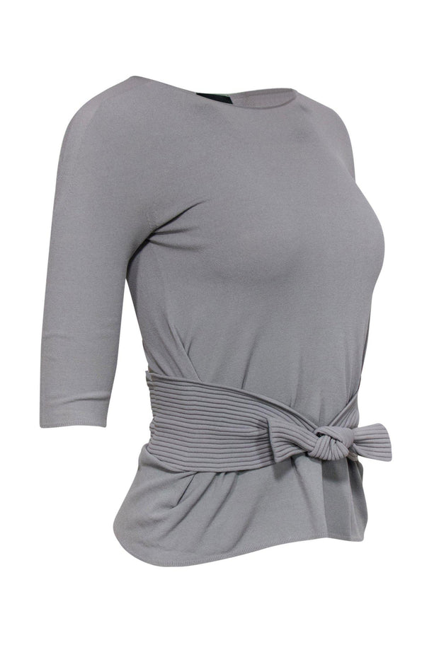 Current Boutique-Giorgio Armani - Grey Quarter Sleeve Blouse w/ Ribbed Bow Detail Sz 2