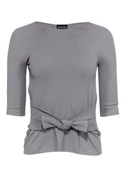 Current Boutique-Giorgio Armani - Grey Quarter Sleeve Blouse w/ Ribbed Bow Detail Sz 2