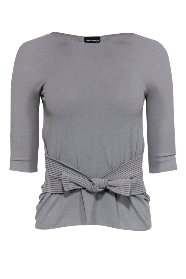 Current Boutique-Giorgio Armani - Grey Quarter Sleeve Blouse w/ Ribbed Bow Detail Sz 2