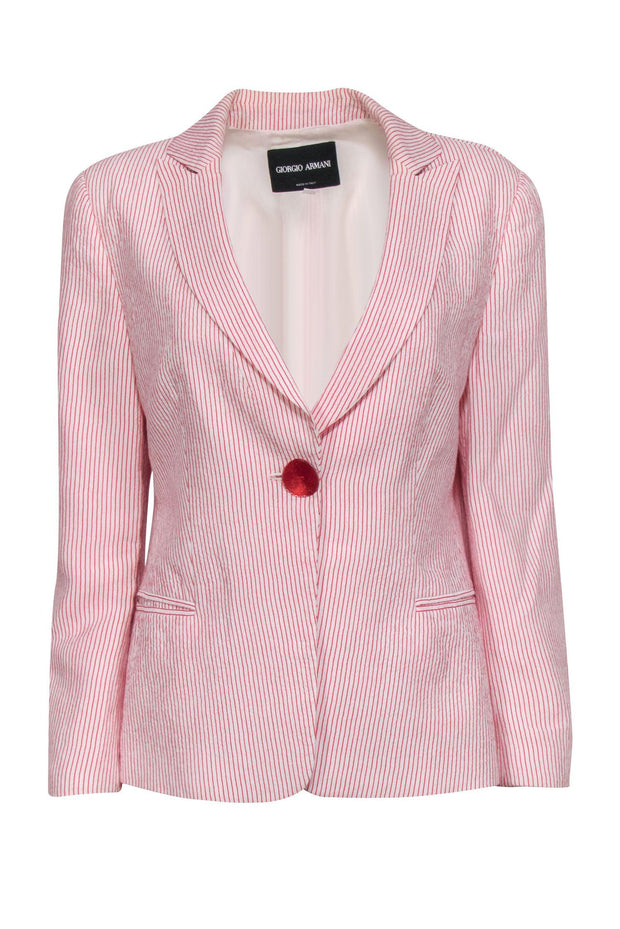 Current Boutique-Giorgio Armani - Red & White Striped Blazer w/ Single Front Button Sz XL