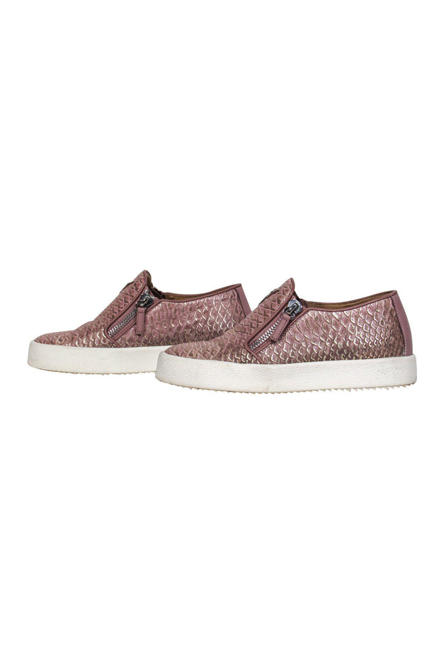 Current Boutique-Giuseppe Zanotti - Pink & Silver Reptile Embossed Zip-Up Platform Sneakers Sz 7