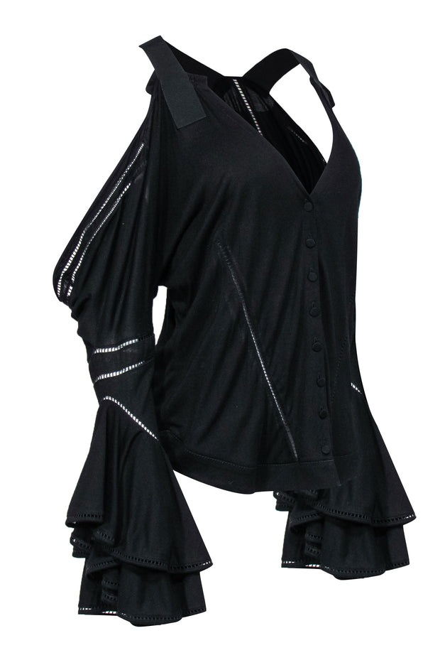 Current Boutique-Givenchy - Black Long Ruffle Sleeve Off-the-Shoulder Button Front Top Sz 2