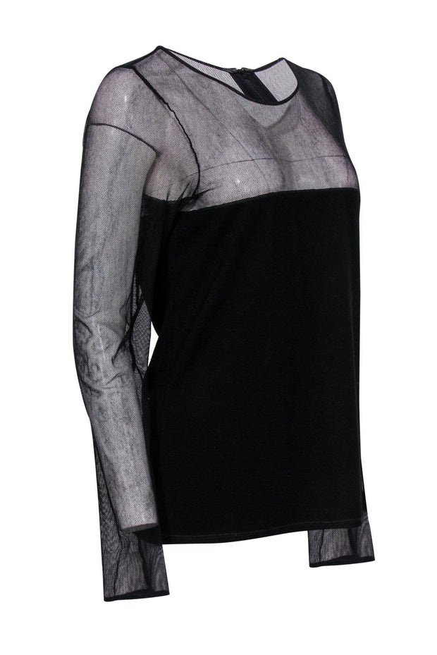 Current Boutique-Gloria Coelho - Long Sleeve Black Shirt w/ Mesh Illusion Neckline Sz 6