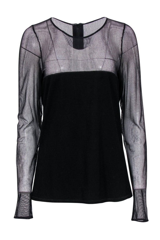 Current Boutique-Gloria Coelho - Long Sleeve Black Shirt w/ Mesh Illusion Neckline Sz 6