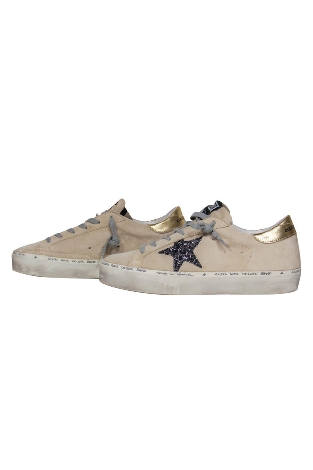 Current Boutique-Golden Goose - Beige Suede Lace-Up Distressed "Hi Star" Sneakers w/ Sparkly Star Design Sz 8