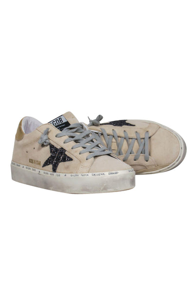 Current Boutique-Golden Goose - Beige Suede Lace-Up Distressed "Hi Star" Sneakers w/ Sparkly Star Design Sz 8