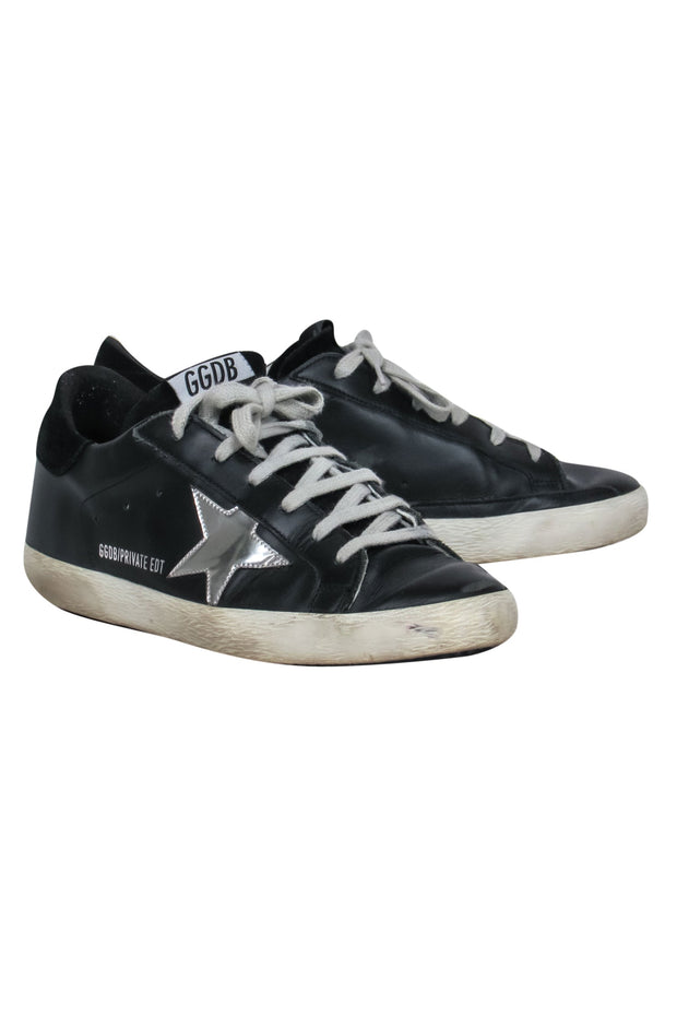 Current Boutique-Golden Goose - Black Leather Sneakers w/ Grey Laces & Silver Stars Sz 9