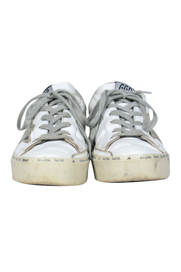 Current Boutique-Golden Goose - White Leather Lace-Up Platform Sneakers w/ Star Embellishments Sz 7