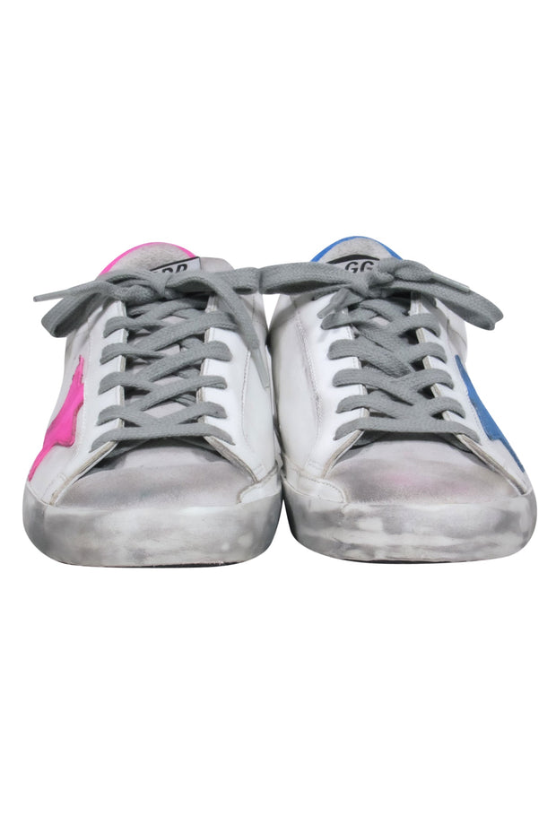 Current Boutique-Golden Goose - White 'Private Edition' Sneakers w/ Contrasting Blue & Pink Trim Sz 10