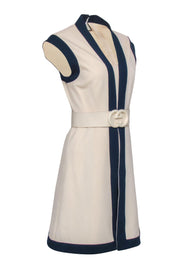 Current Boutique-Gucci - Cream & Navy Sleeveless Fit & Flare Dress w/ Logo Belt Sz S