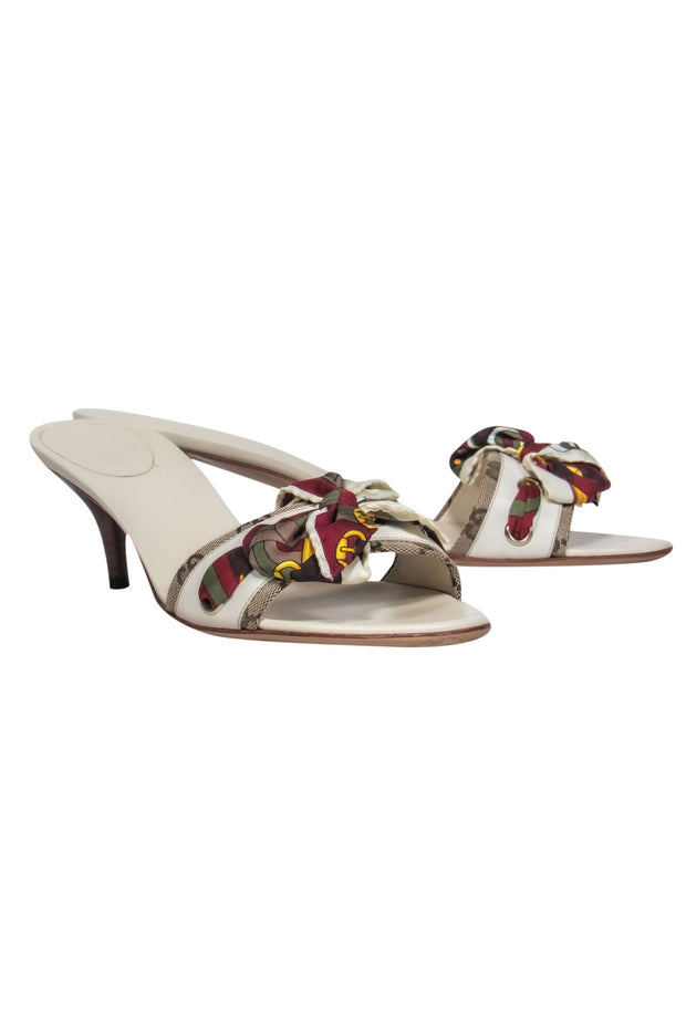 Current Boutique-Gucci - White Leather & Buckle Printed Satin Bow Mule Kitten Heels Sz 12