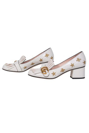 Current Boutique-Gucci - White "Marmont Kiltie" Fringe Loafer Heels w/ Embroidery Sz 8.5