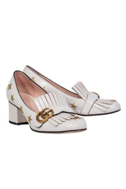 Current Boutique-Gucci - White "Marmont Kiltie" Fringe Loafer Heels w/ Embroidery Sz 8.5