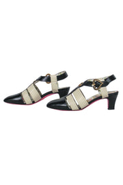 Current Boutique-Gucci - White, Navy & Floral T-Strap-Style Kitten Heels Sz 8