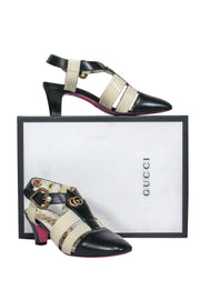 Current Boutique-Gucci - White, Navy & Floral T-Strap-Style Kitten Heels Sz 8