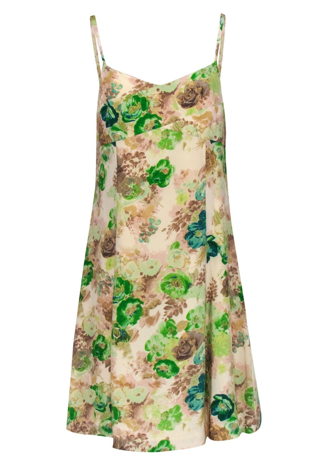 Current Boutique-HD in Paris - Beige and Green Floral Print Silk Shift Dress Sz 8