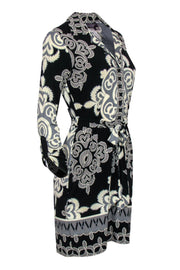 Current Boutique-Hale Bob - Black, Cream & Grey Printed Half Button-Up Belted Shirt Dress Sz S