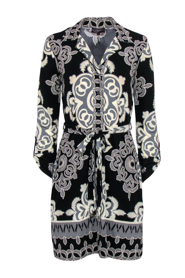 Current Boutique-Hale Bob - Black, Cream & Grey Printed Half Button-Up Belted Shirt Dress Sz S