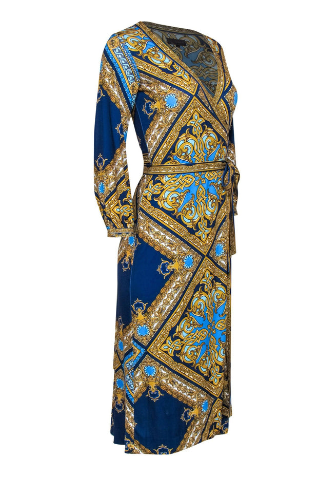 Current Boutique-Hale Bob - Blue & Gold Filigree Printed Long Sleeve Wrap Dress Sz XS