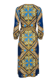 Current Boutique-Hale Bob - Blue & Gold Filigree Printed Long Sleeve Wrap Dress Sz XS