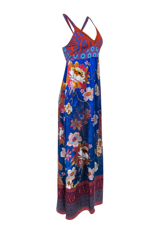 Current Boutique-Hale Bob - Blue, Orange & Purple Multi Print Beaded Sleeveless Silk Maxi Dress Sz S